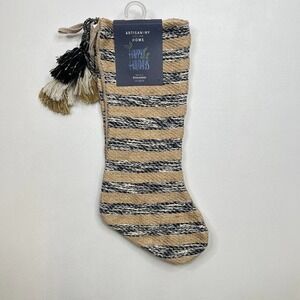 2 Artisan NY Home Burlap Jute Blue Silver Christmas Stockings Tassels Stripe 22"